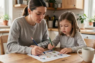 Mère et fillette réalisant ensemble un quiz imprimé sur les poux à la table de cuisine