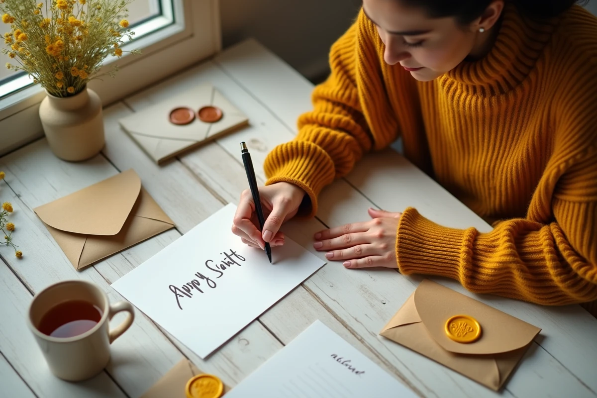 Jeune femme écrivant des messages de vœux pour la Sainte Catherine à son bureau avec de la papeterie artisanale et des fleurs séchées