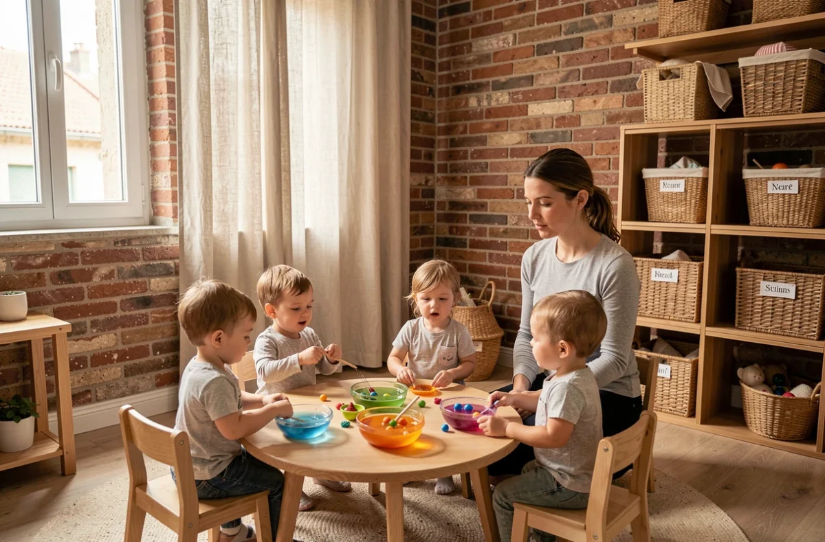 Activité sensorielle dans une micro-crèche d'Annemasse avec des enfants autour d'une table basse