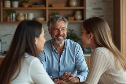 Homme souriant avec deux jeunes femmes lors d'un dîner familial