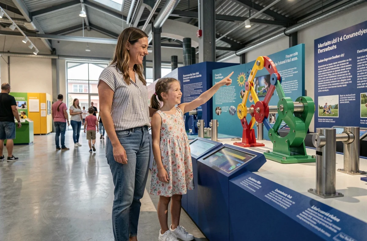 Mère et fille devant une exposition interactive dans un musée pour enfants près de Toulouse