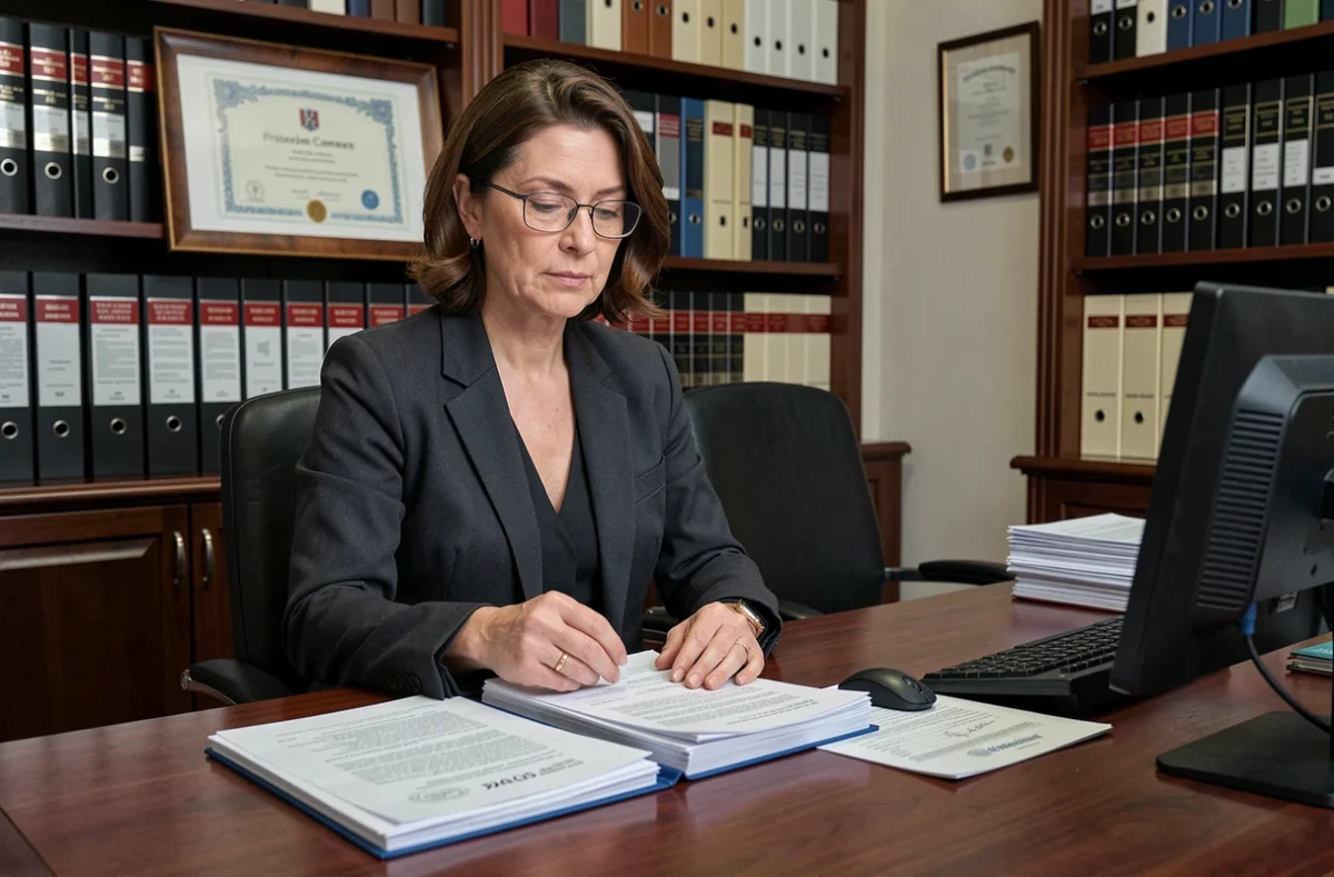 Notaire française examinant des documents liés à un PACS ou un divorce dans son bureau officiel, symbolisant les démarches administratives de séparation