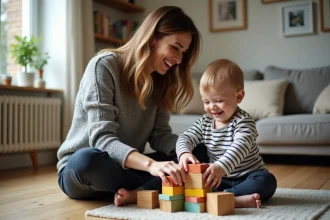 Nounou à domicile jouant avec un enfant en bas âge sur le sol d'un salon familial chaleureux