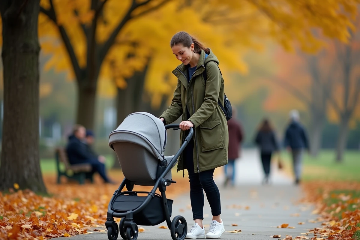 Nounou promenant un enfant en poussette dans un parc urbain en automne