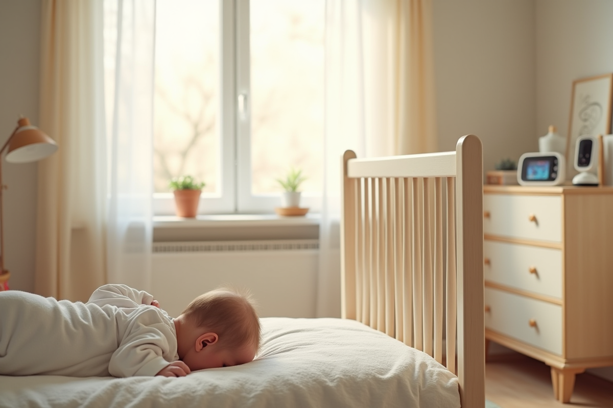 Nurserie lumineuse avec bébé endormi dans un lit sûr et moniteur