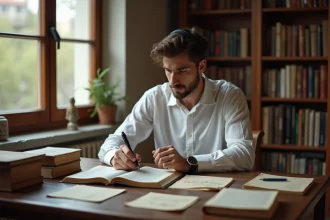 Jeune homme étudiant l'origine hébraïque du prénom Noah avec une Bible ouverte et des notes manuscrites dans une bibliothèque chaleureuse