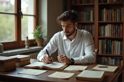 Jeune homme étudiant l'origine hébraïque du prénom Noah avec une Bible ouverte et des notes manuscrites dans une bibliothèque chaleureuse