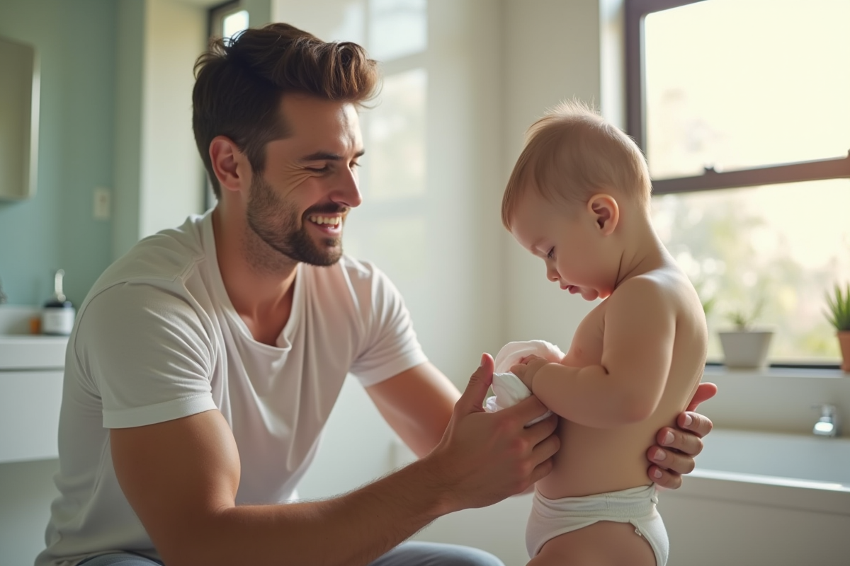 Papa nettoie son bébé garçon avec des lingettes sans parfum