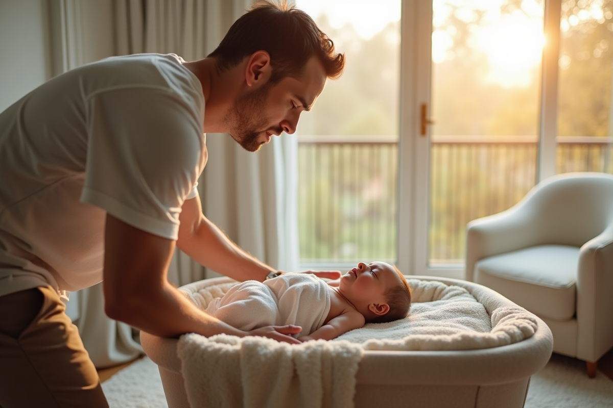 Père déposant doucement son bébé dans un lit moderne en lumière naturelle