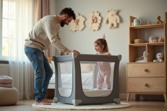 Jeune père plie un berceau de voyage dans une nurserie chaleureuse
