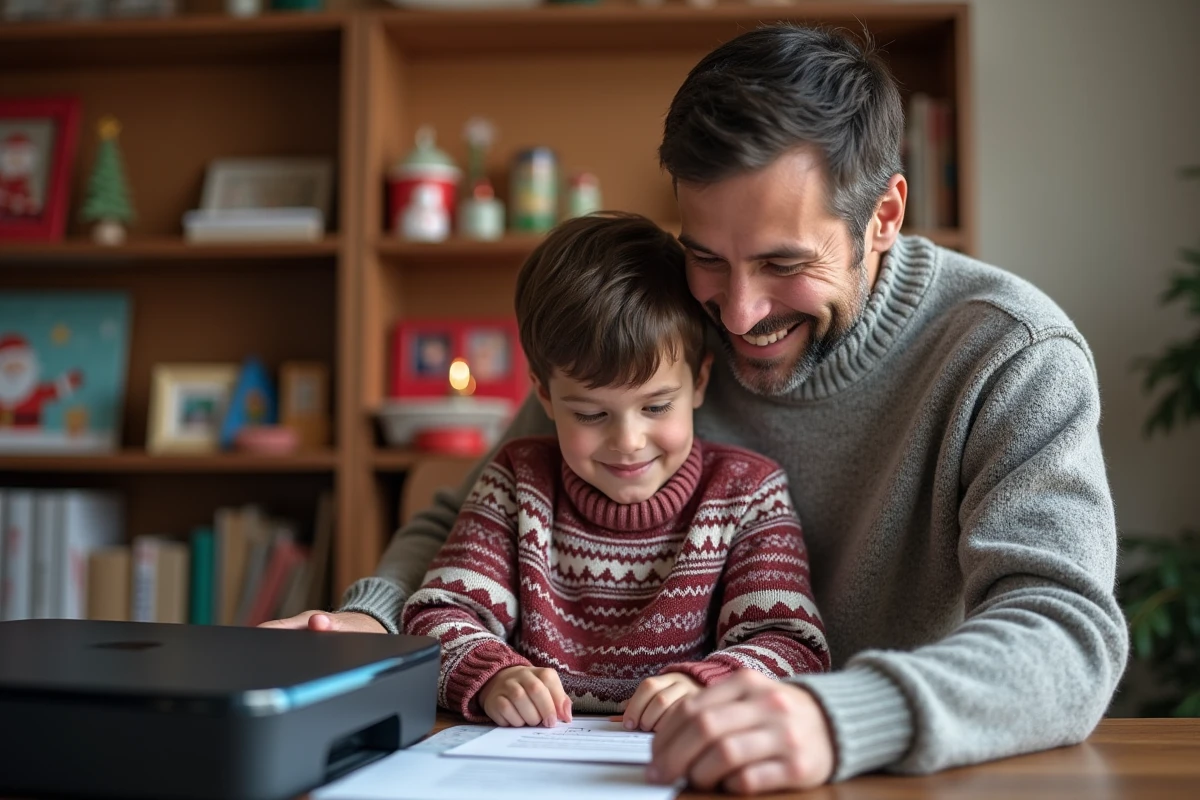 Père et fils imprimant une lettre magique de Santa à la maison