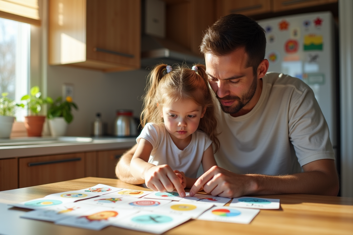 Père guidant sa fille pour reconnaître des images