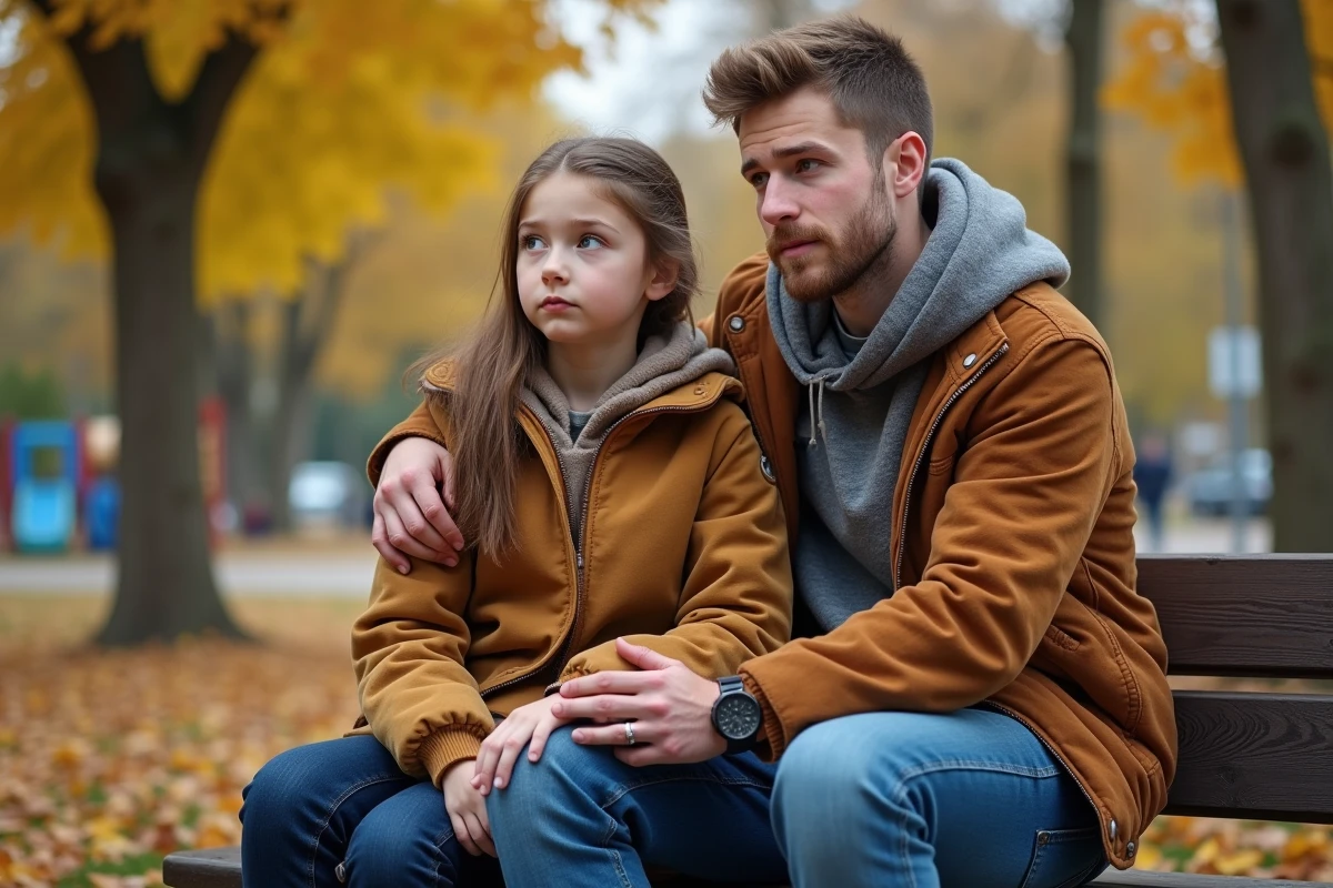 Père et fille assis sur un banc dans un parc en automne