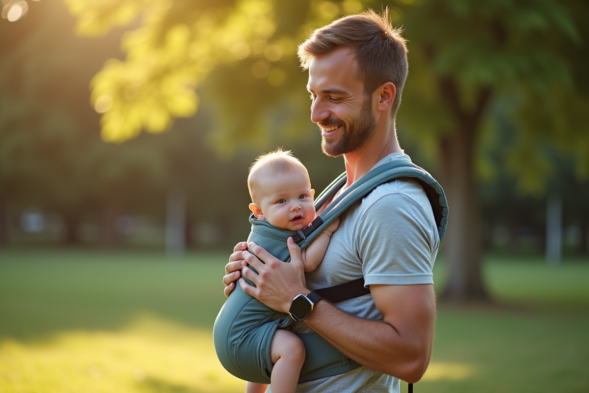 Papa portant son bebe dans un porte-bebe en promenade dans un parc ensoleille