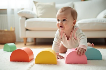 Bébé d'environ 12 mois explorant un parcours motricité en mousse coloré dans un salon scandinave lumineux