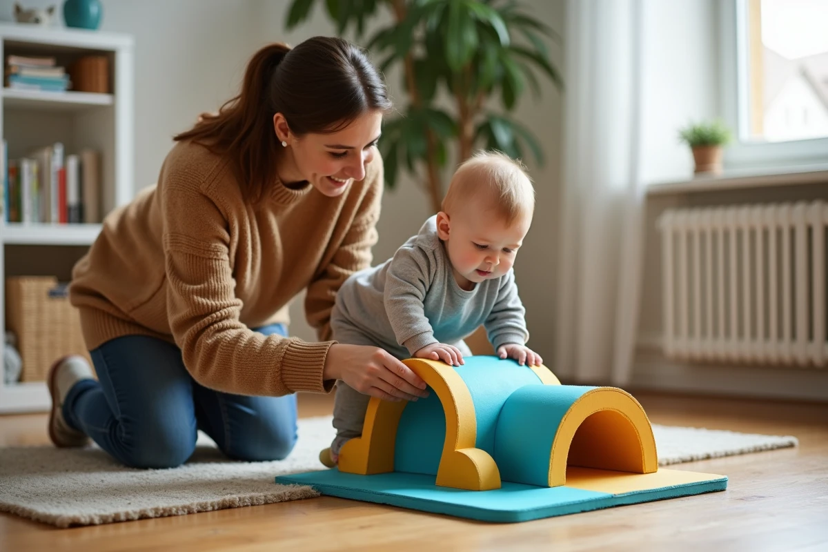 Parent guidant son bébé garçon à travers un parcours motricité en mousse à domicile dans un appartement cosy