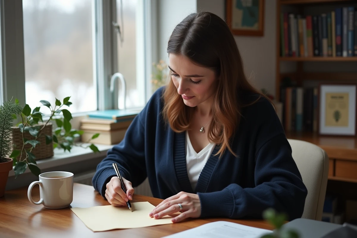 Parent écrivant une réponse du Père Noël sur papier à lettres crème dans un bureau à domicile décoré de façon hivernale discrète