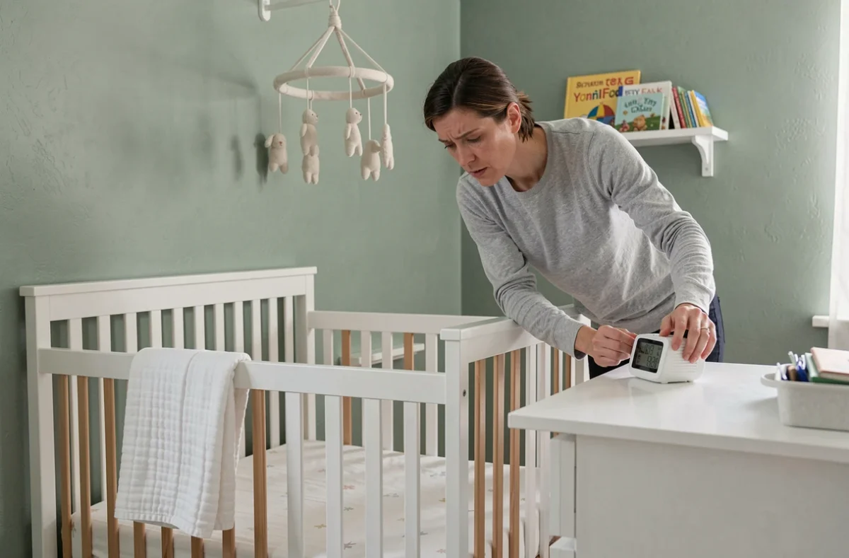Parent ajustant un réveil numérique dans une chambre de bébé, représentant les erreurs de routine de sommeil et de réveil chez les jeunes enfants