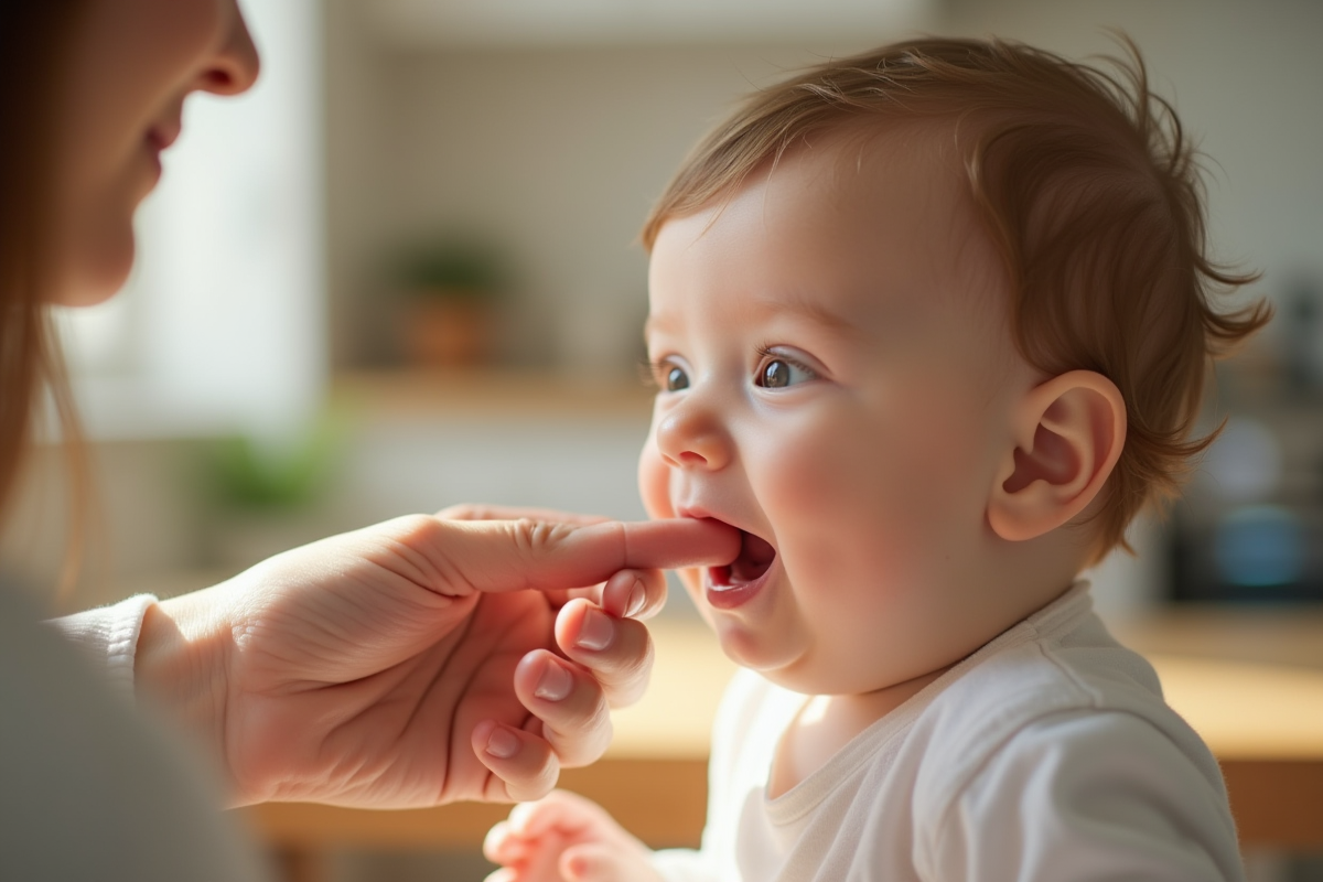 Parent massant doucement les gencives de bébé dans une cuisine ensoleillee