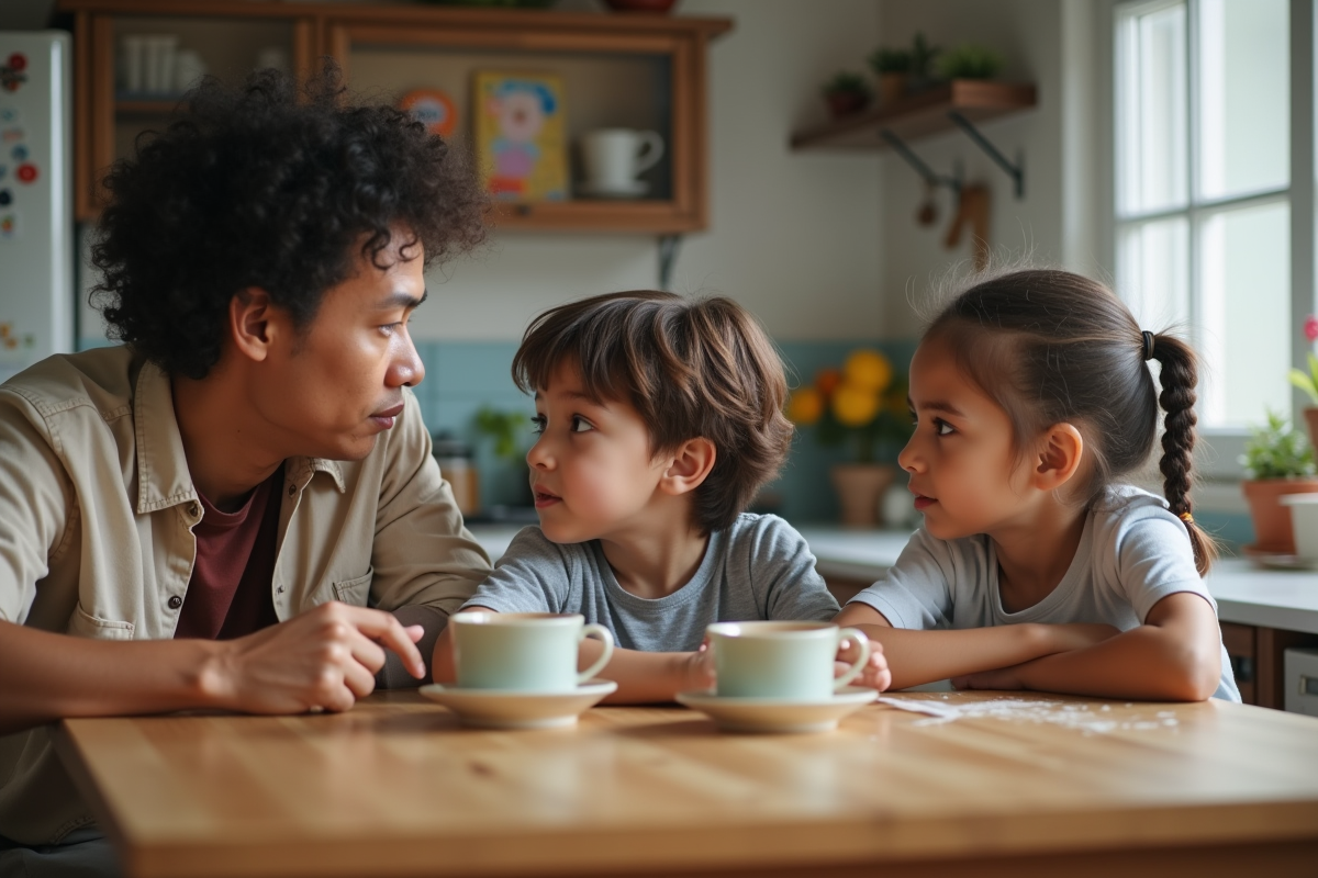 Parent et enfants discutent autour de la table de cuisine