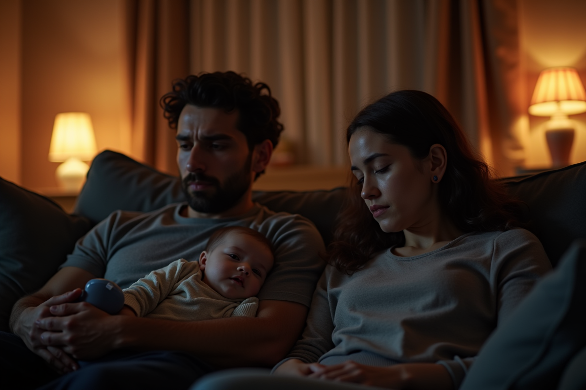Parents inquiets écoutant leur bébé pleurer dans le salon