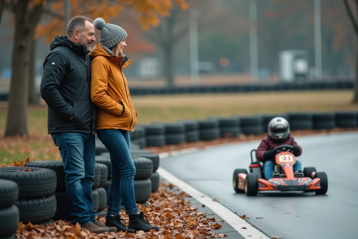 Parents regardant leur enfant en karting sur la piste extérieure