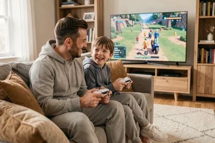 Père et enfant jouant ensemble à la PS5 dans un salon moderne, souriant et tenant des manettes DualSense lors d'un jeu coopératif