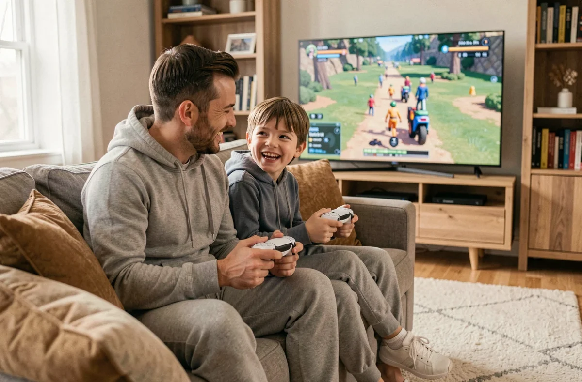 Père et enfant jouant ensemble à la PS5 dans un salon moderne, souriant et tenant des manettes DualSense lors d'un jeu coopératif