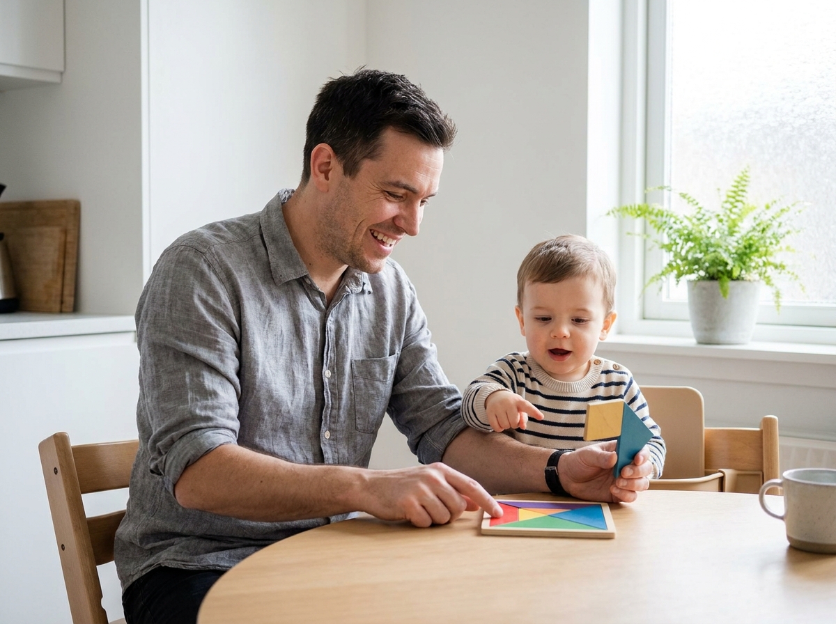 Père et enfant en bas âge jouant ensemble avec un tangram en bois sur une table dans une cuisine scandinave