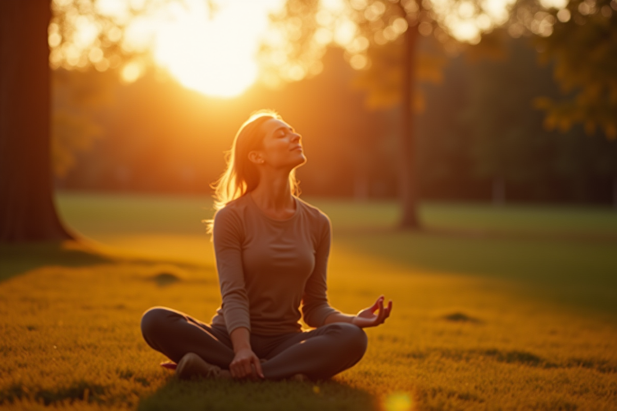 Personne méditant en plein air au lever du soleil dans un parc paisible