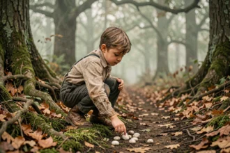 Jeune garçon posant des cailloux blancs sur un chemin forestier, illustration du conte Petit Poucet