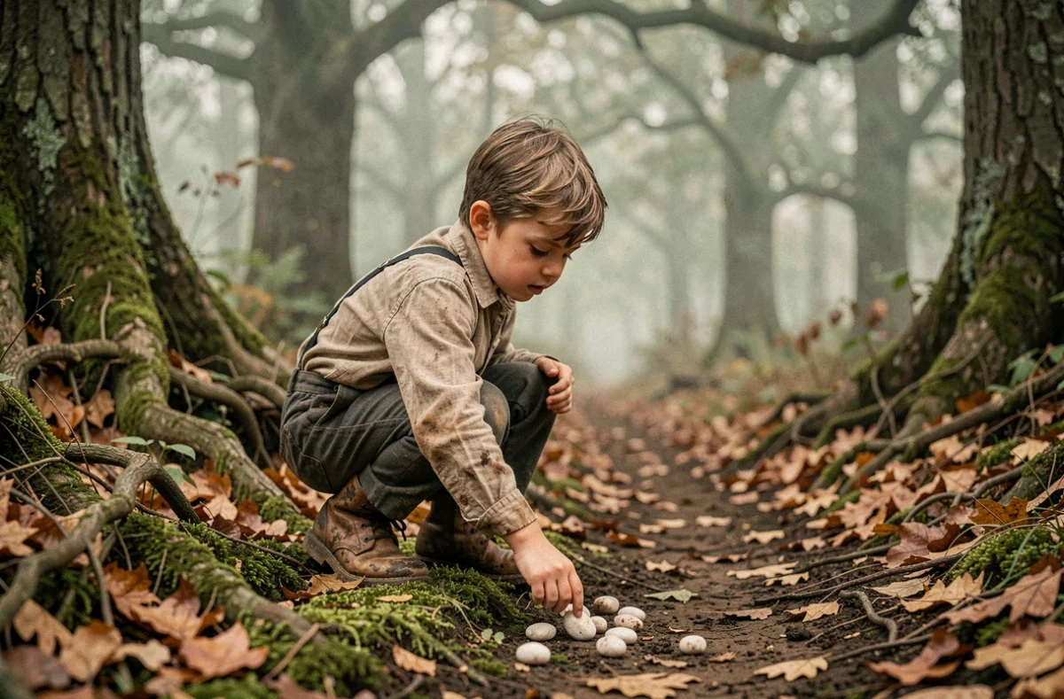Jeune garçon posant des cailloux blancs sur un chemin forestier, illustration du conte Petit Poucet