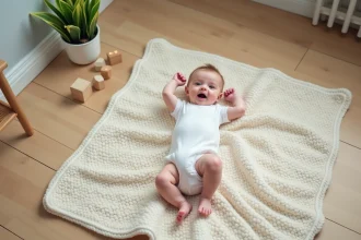 Photo de bébé de 3 mois allongé sur une couverture en tricot crème, vue du dessus dans un petit appartement au parquet clair