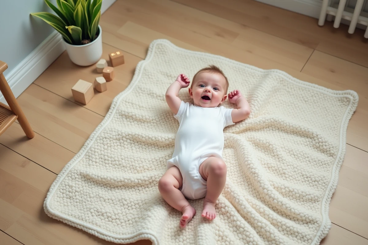 Photo de bébé de 3 mois allongé sur une couverture en tricot crème, vue du dessus dans un petit appartement au parquet clair
