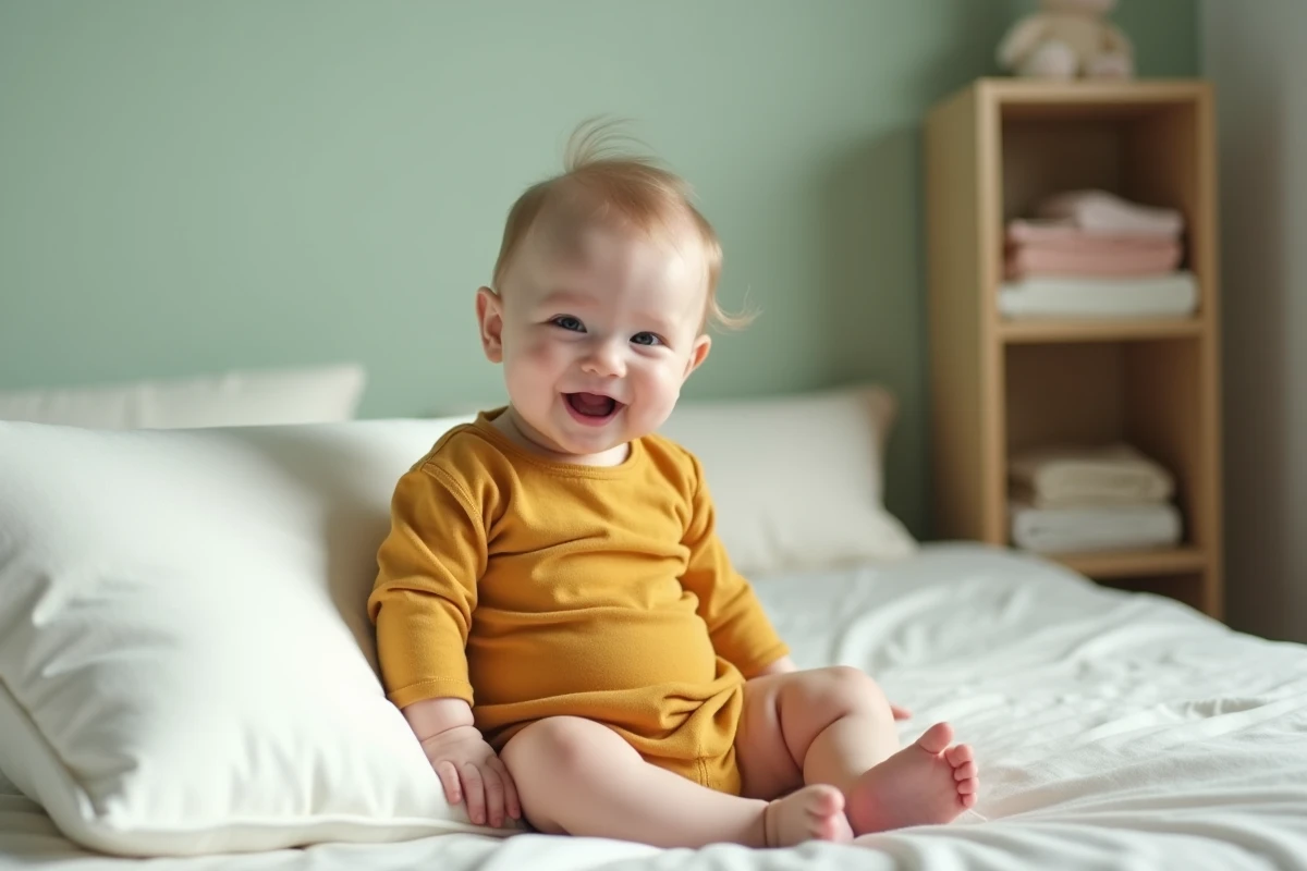 Bébé de 6 mois souriant assis contre un coussin blanc devant un mur vert sauge dans une chambre de petit appartement