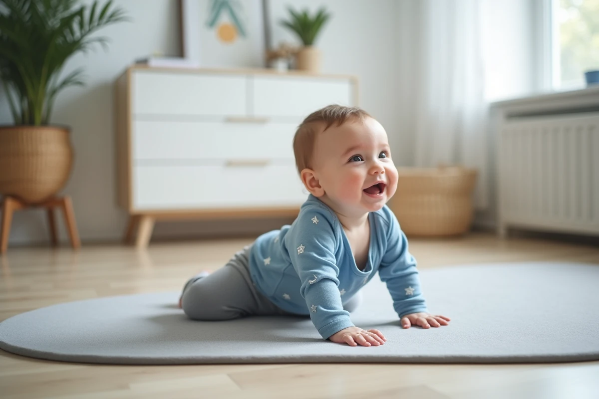 Bébé de 9 mois à quatre pattes sur un tapis de jeu gris dans un petit appartement, photographié en angle bas