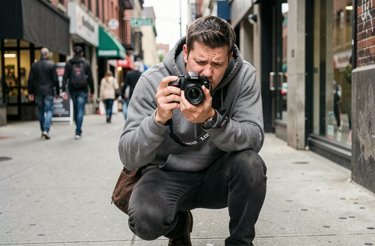 Photographe amateur en extérieur urbain essayant de cadrer une photo avec un appareil basique, mettant en évidence les limites techniques d'un débutant face à un professionnel
