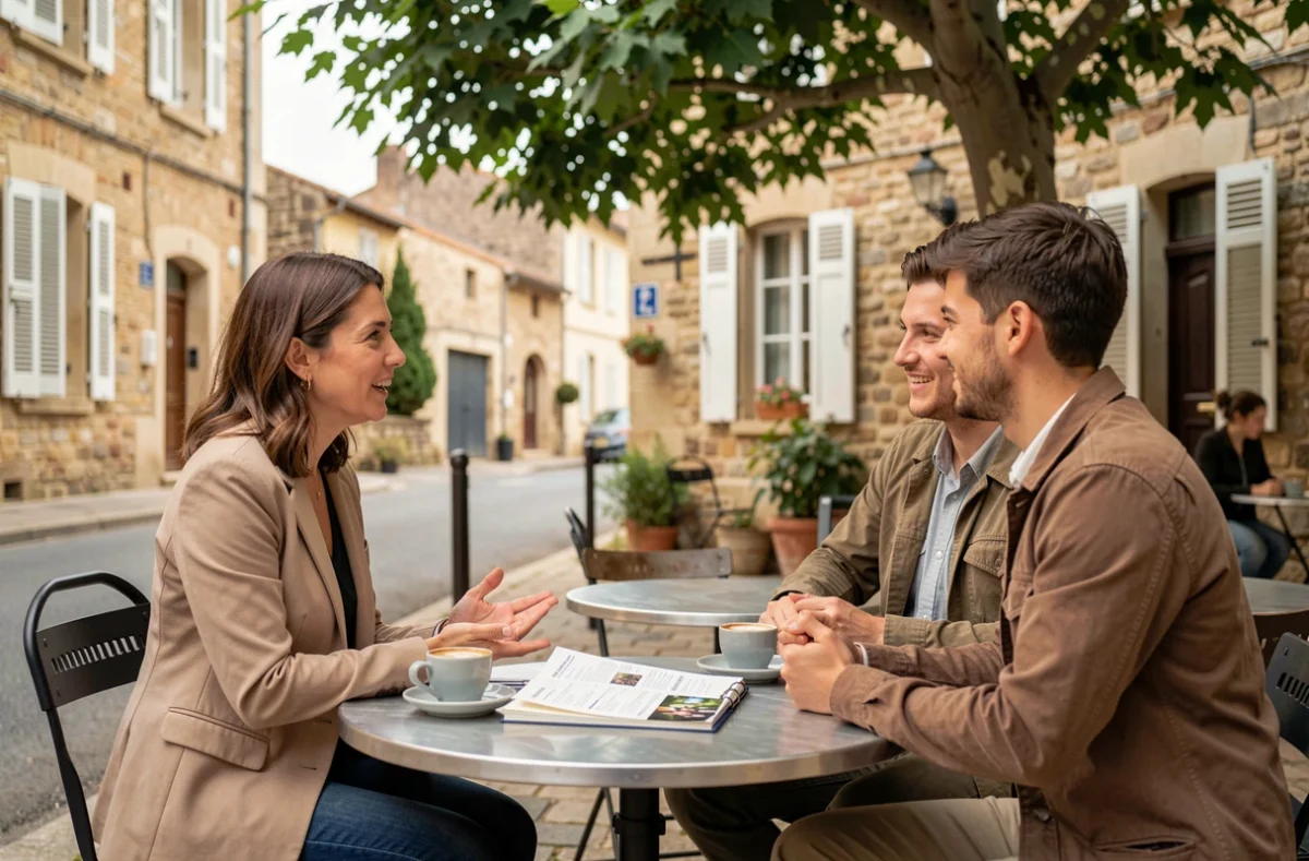 Photographe discutant de son budget avec un couple en terrasse de café dans le sud-ouest de la France