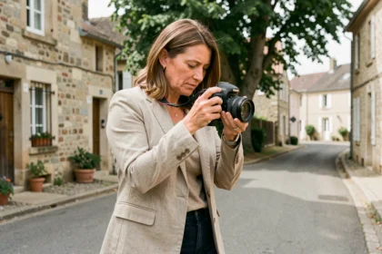 Photographe professionnelle consultant ses photos devant un décor de ville en Essonne