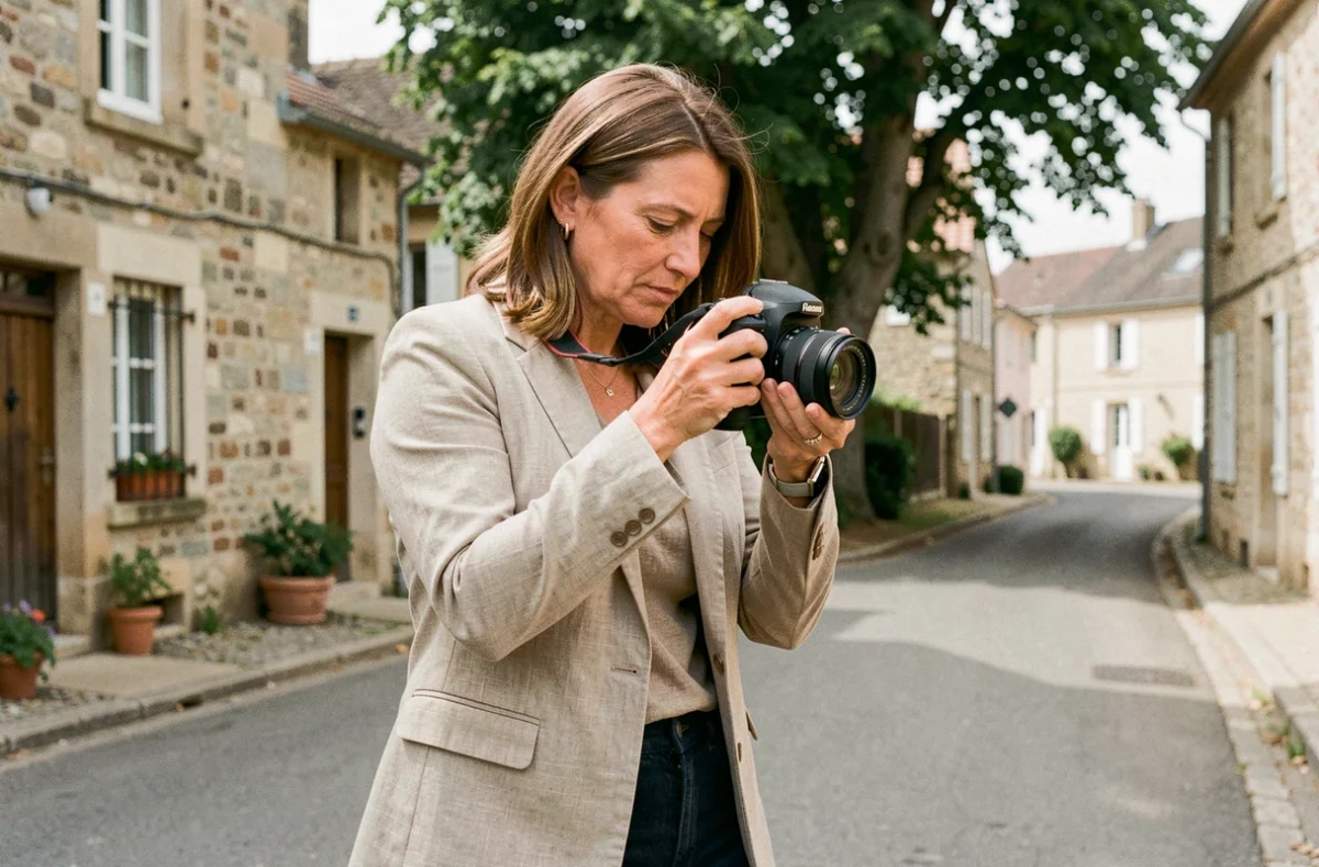 Photographe professionnelle consultant ses photos devant un décor de ville en Essonne