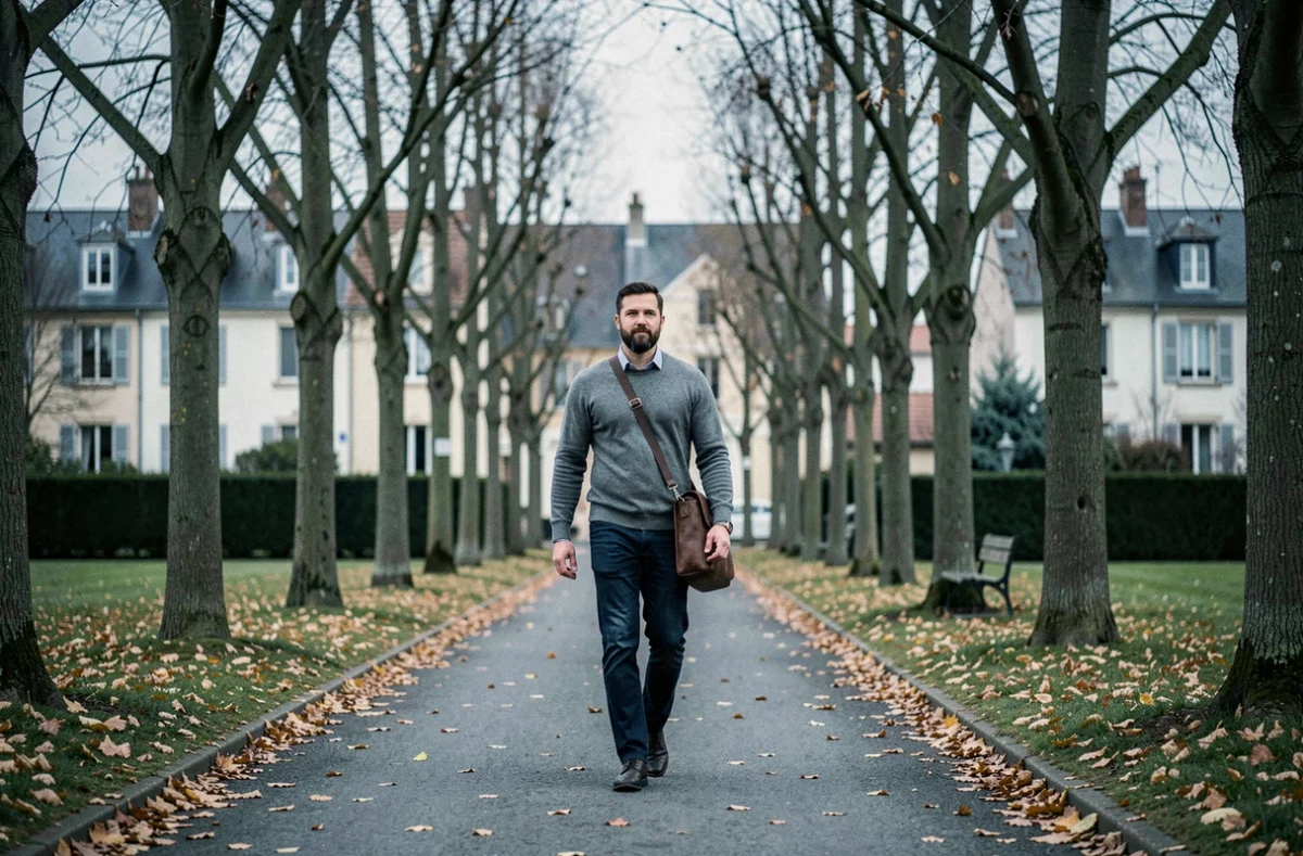 Photographe se déplaçant dans un parc suburban français avec son matériel photo