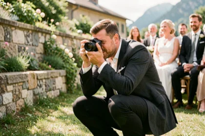 Photographe de mariage professionnel en action lors d'une cérémonie en plein air à Chambéry