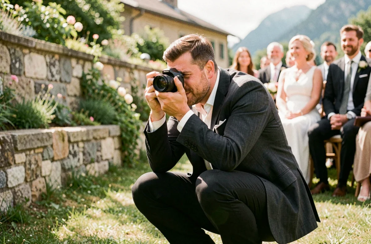 Photographe de mariage professionnel en action lors d'une cérémonie en plein air à Chambéry
