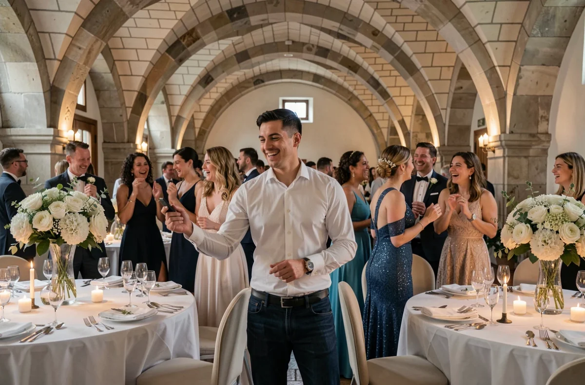 Photographe de mariage capturant des moments spontanés lors d'une réception dans une salle de caractère à Chambéry
