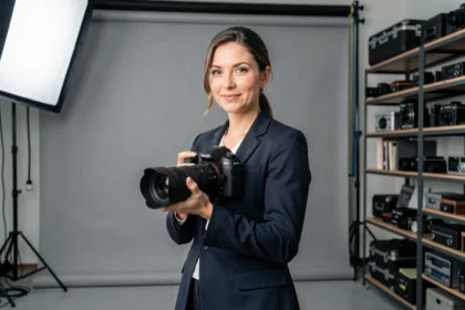 Photographe professionnelle expérimentée tenant un appareil photo DSLR haut de gamme dans un studio bien équipé, illustrant l'expertise d'un photographe professionnel reconnu