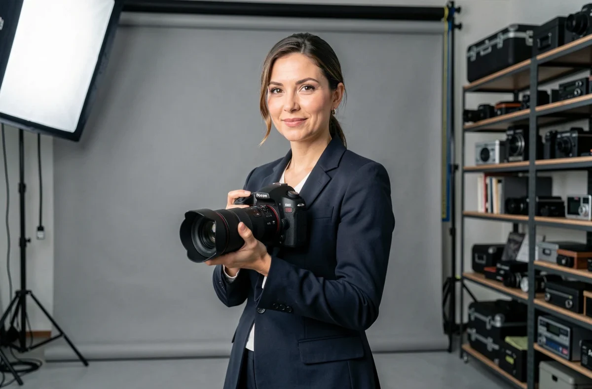 Photographe professionnelle expérimentée tenant un appareil photo DSLR haut de gamme dans un studio bien équipé, illustrant l'expertise d'un photographe professionnel reconnu