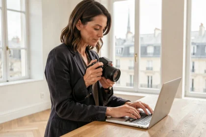 Photographe professionnelle dans un studio à Puteaux révisant des photos sur son ordinateur portable