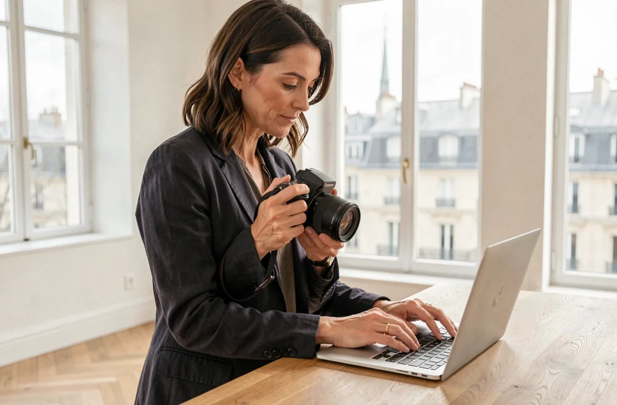 Photographe professionnelle dans un studio à Puteaux révisant des photos sur son ordinateur portable