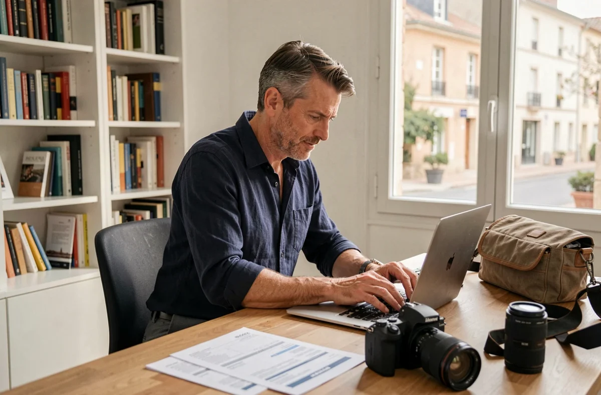 Photographe professionnel consultant ses tarifs sur un ordinateur portable dans un bureau à Mont-de-Marsan