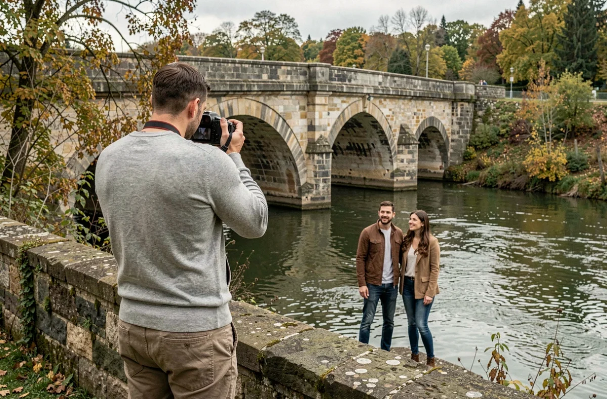 Photographe en plein air à Verdun capturant un couple près de la Meuse en automne lors d'une séance engagement